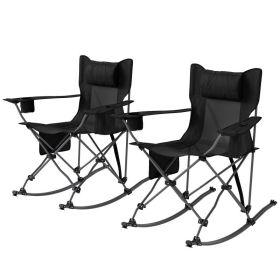 Folding Rocking Camping Chairs, Portable Chairs With Headrest, Cooler Bag, Cup Holder, Carry Bag, 2 Pack, Black (Option: BLACK)