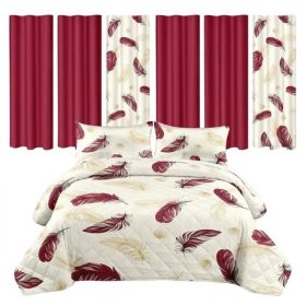 9 Piece Room In A Bag Quilt And Curtain Set, US Designer Burgundy Gold Boho Feather Print Heavyweight Bedspread With 6 Customizable Window Panels (Option: QUEEN)