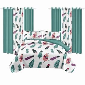 9 Piece Room In A Bag Quilt And Curtain Set, US Designer Boho Feather Print Heavyweight Bedspread With 6 Customizable Window Panels, Pet-Friendly (Option: QUEEN)