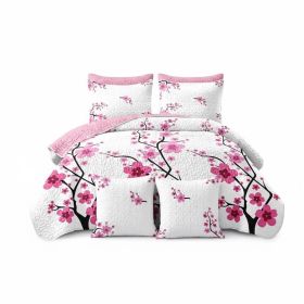 Pink Floral 5-Piece Quilt Set With 2 Matching Pillow Shams And 2 Decorative Pillow Covers, 130 GSM Microfiber Designer Bedspread (Option: QUEEN)