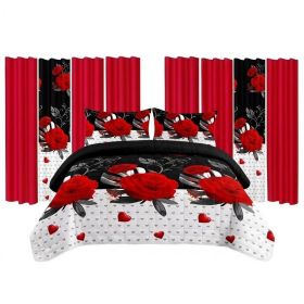 9 Piece Room In A Bag Quilt And Curtain Set, US Designer Romantic Red Rose Print Heavyweight Bedspread With 6 Customizable Window Panels, Pet-Fri (Option: TWIN)