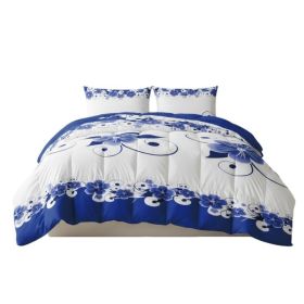3 Piece Duvet Cover Set, US Designer Blue And White Floral Botanical Print High GSM Heavyweight Comforter Cover With Zipper Closure & Corner Ties (Option: QUEEN)