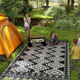 Reversible Outdoor Rug, Waterproof Plastic Straw With Carry Bag, 9 X 18, Black & White Rhombus Border (Option: BLACK)