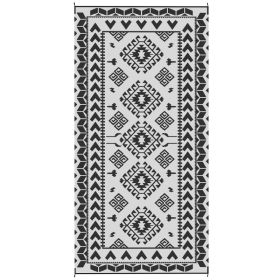 Reversible Outdoor Rug, Waterproof Plastic Straw With Carry Bag, 9 X 18, Black & White Rhombus Patchwork (Option: BLACK)