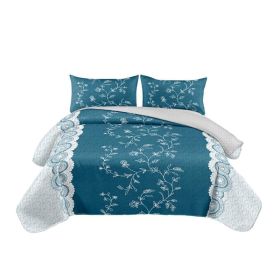 Teal Floral 3-Piece Quilt Set With 2 Matching Pillow Shams, 130 GSM Microfiber Designer Bedspread, Easy-Care Pet-Friendly Bedding (Option: QUEEN)
