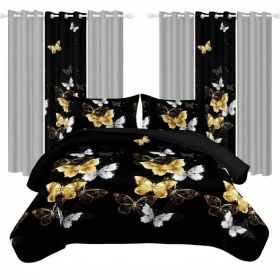 9 Piece Room In A Bag Quilt And Curtain Set, US Designer Black And Gold Butterfly Print Heavyweight Bedspread With 6 Customizable Window Panels, (Option: TWIN)