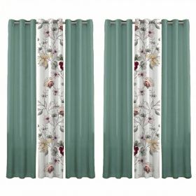 6 Piece Curtain Set, US Designer Sage Green And Botanical Floral Print Light Filtering Drapes, Semi-Sheer Window Panels With 1.6-Inch Grommet Top (Option: Curtain)
